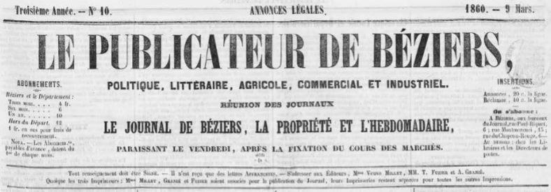 Photo (Occitanie) de : Le Publicateur de Béziers. Béziers, 1857-1944. ISSN 2018-5154.