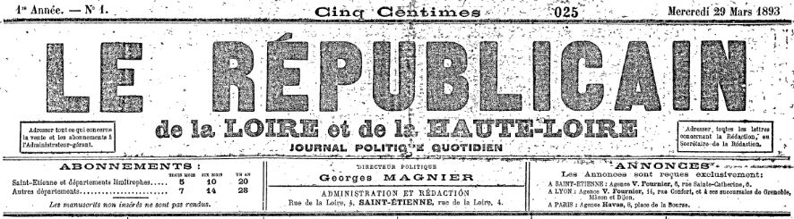 Photo (Auvergne-Rhône-Alpes livre et lecture) de : Le Républicain de la Loire et de la Haute-Loire. Saint-Étienne, 1893. ISSN 1958-430X.