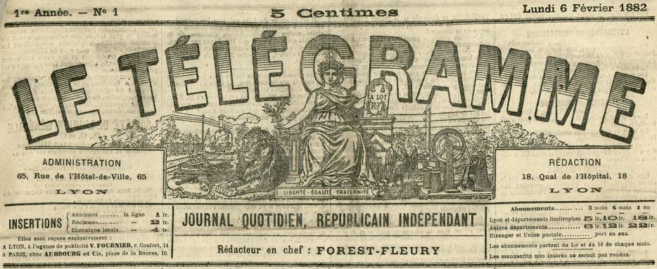 Photo (Bibliothèque municipale (Lyon)) de : Le Télégramme. Lyon, 1882. ISSN 2138-5491.