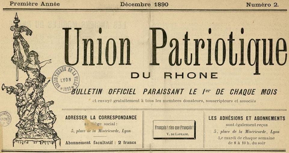 Photo (Bibliothèque municipale (Lyon)) de : Bulletin officiel. Union patriotique du Rhône. Lyon, 1890-[1904 ?]. ISSN 2123-1389.