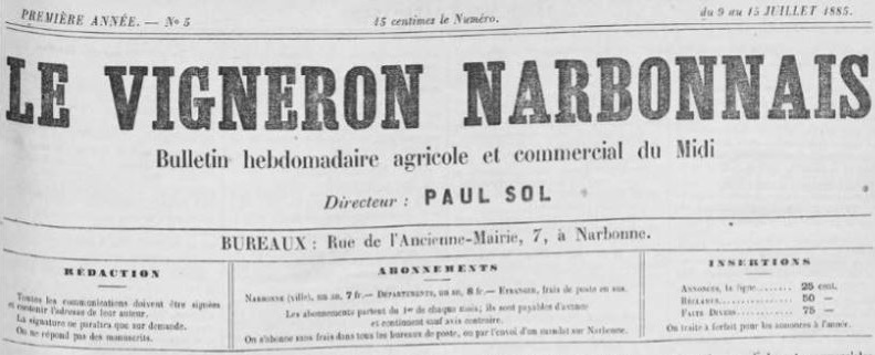 Photo (Occitanie) de : Le Vigneron narbonnais. Narbonne, 1885-1895. ISSN 2140-0695.