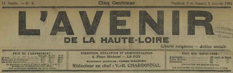 Photo (Haute-Loire. Archives départementales) de : L'Avenir de la Haute-Loire. Le Puy, 1901-1936. ISSN 0983-3463.