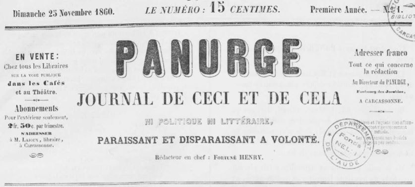 Photo (Occitanie) de : Panurge. Carcassonne, 1860-1862. ISSN 1963-9406.