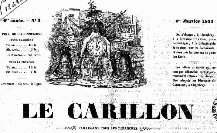 Photo (Auvergne-Rhône-Alpes livre et lecture) de : Le Carillon. Chambéry, 1853-[1854 ?]. ISSN 1966-043X.