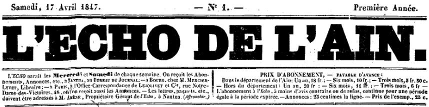 Photo (Auvergne-Rhône-Alpes livre et lecture) de : L'Écho de l'Ain. Nantua : Arène, propriétaire-gérant, 1847-1848. ISSN 2430-9966.