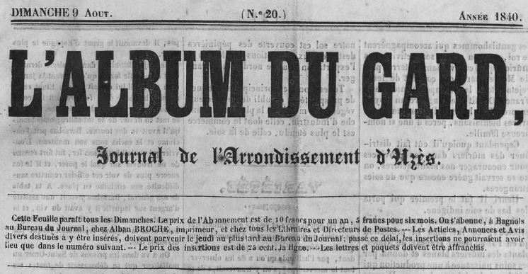 Photo (Occitanie) de : L'Album du Gard. Bagnols : Alban Broche, imprimeur, 1840-1841. ISSN 2431-0492.
