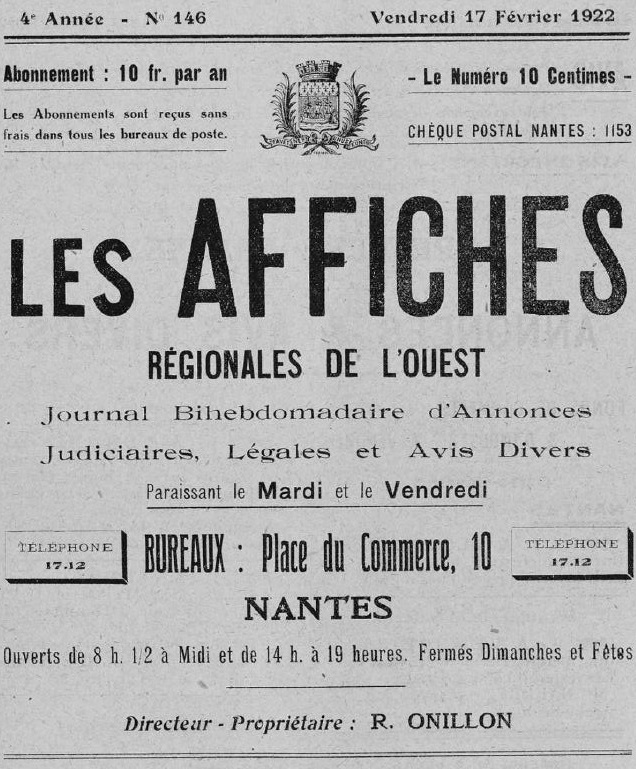 Photo (Loire-Atlantique. Archives départementales) de : Les Affiches régionales de l'Ouest. Nantes, 1919-1960. ISSN 2120-3431.