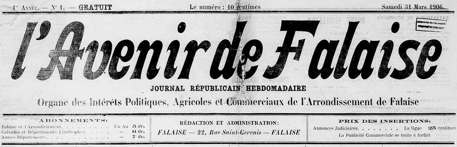 Photo (Calvados. Archives départementales) de : L'Avenir de Falaise. Falaise, 1906-1912. ISSN 2121-4158.