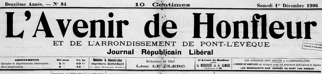 Photo (Calvados. Archives départementales) de : L'Avenir de Honfleur et de l'arrondissement de Pont-L'Évêque. Honfleur, 1906-1923. ISSN 2121-4239.