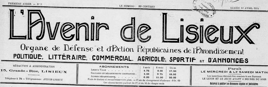Photo (Calvados. Archives départementales) de : L'Avenir de Lisieux. Lisieux, 1924-1928. ISSN 2121-4972.