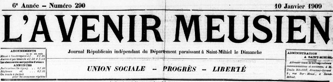 Photo (Meuse. Archives départementales) de : L'Avenir meusien. Saint-Mihiel, 1909-1911. ISSN 2121-6509.