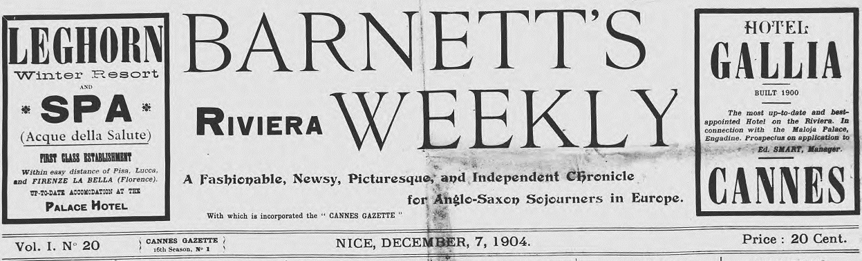 Photo (Alpes-Maritimes. Archives départementales) de : Barnett's Riviera weekly. Nice, 1904-1908. ISSN 2121-803X.
