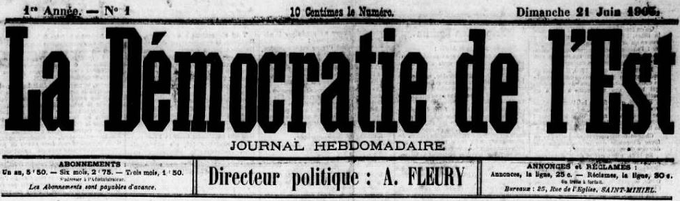 Photo (Meuse. Archives départementales) de : La Démocratie de l'Est. Saint-Mihiel, 1903-[1904 ?]. ISSN 2125-6594.