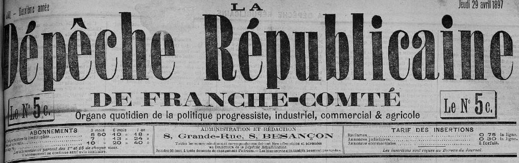 Photo (Bibliothèque municipale (Besançon)) de : La Dépêche républicaine de Franche-Comté. Besançon, 1897-1933. ISSN 0995-8231.