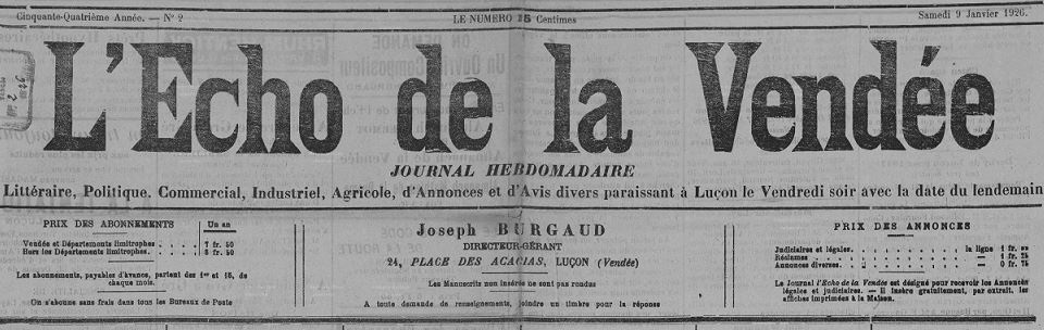 Photo (Vendée. Archives départementales) de : L'Écho de la Vendée. Luçon, 1873-1942. ISSN 2126-3442.