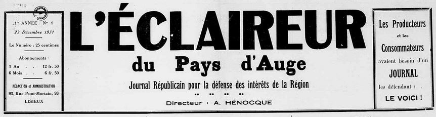 Photo (Calvados. Archives départementales) de : L'Éclaireur du Pays d'Auge. Lisieux, 1931-1933. ISSN 2126-9955.
