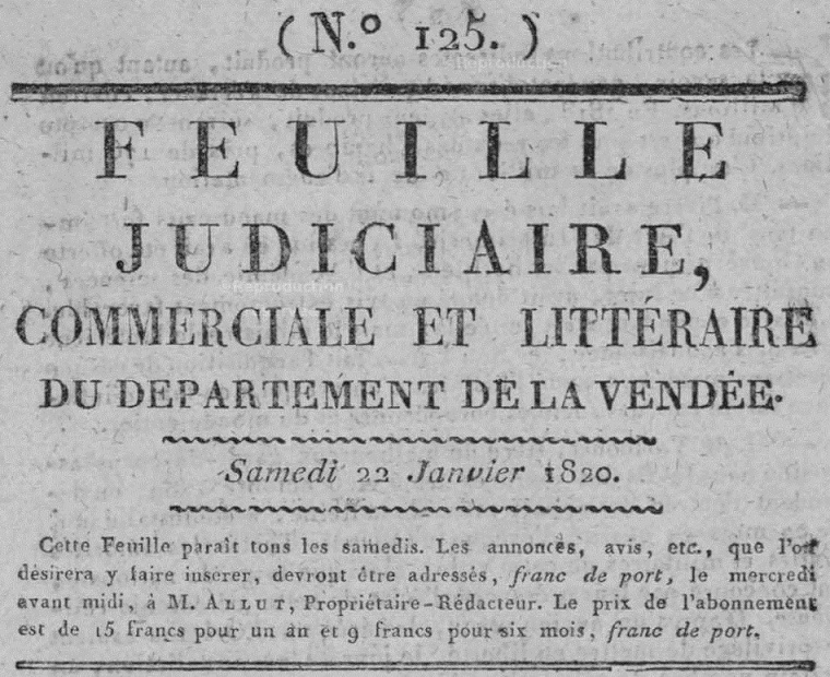 Photo (Vendée. Archives départementales) de : Feuille judiciaire, commerciale et littéraire du département de la Vendée. Bourbon-Vendée, [1816 ?-1841 ?]. ISSN 2128-0029.