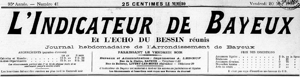 Photo (Centre régional des lettres (Basse-Normandie)) de : L'Indicateur de Bayeux et L'Écho du Bessin réunis. Bayeux, 1932-1937. ISSN 2129-7061.