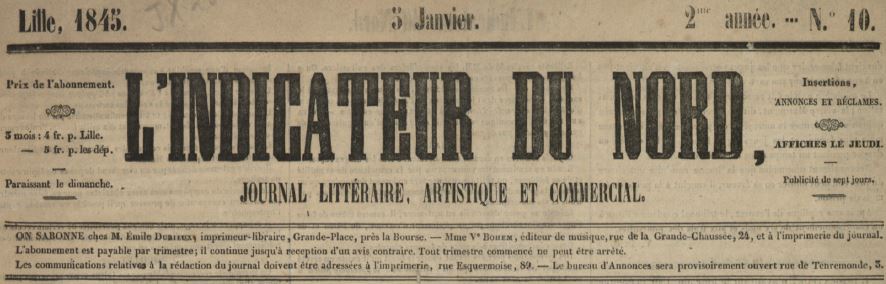Photo (Médiathèque municipale Jean-Lévy (Lille)) de : L'Indicateur du Nord. Lille, 1844-1848. ISSN 2129-7649.