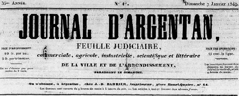 Photo (Centre régional des lettres (Basse-Normandie)) de : Journal d'Argentan. Argentan, 1849-1851. ISSN 2130-2065.