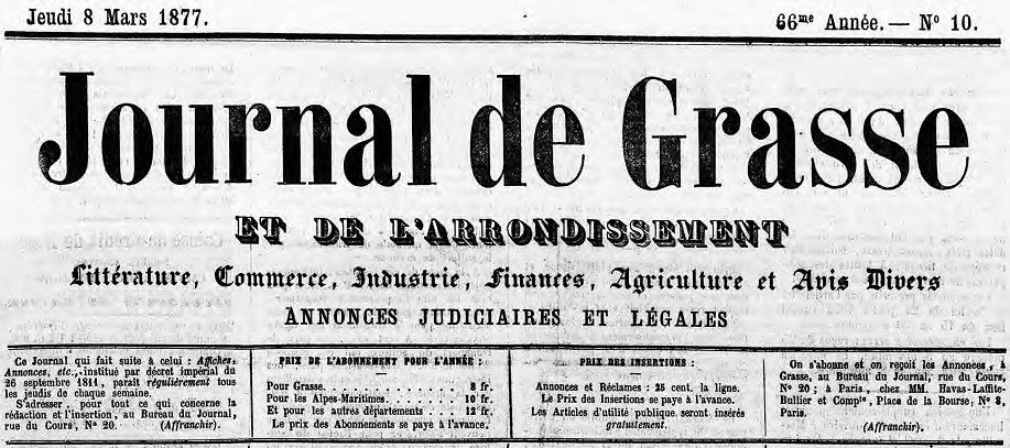 Photo (Alpes-Maritimes. Archives départementales) de : Journal de Grasse et de l'arrondissement. Grasse, 1865-[1914 ?]. ISSN 2017-0173.