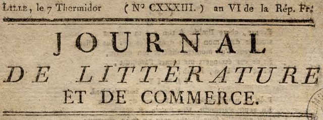 Photo (Médiathèque municipale Jean-Lévy (Lille)) de : Journal de littérature et de commerce. Lille, 1797-[1798 ?]. ISSN 2108-0828.