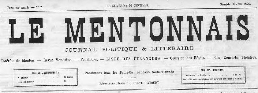 Photo (Alpes-Maritimes. Archives départementales) de : Le Mentonnais. Menton, 1876-[1894 ?]. ISSN 2132-0357.