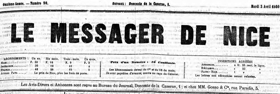 Photo (Alpes-Maritimes. Archives départementales) de : Le Messager de Nice. Nice, 1860-1863. ISSN 2021-1147.