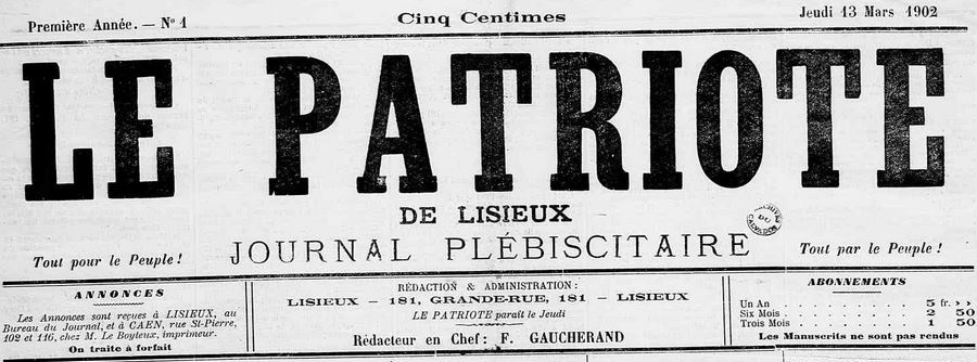 Photo (Calvados. Archives départementales) de : Le Patriote de Lisieux. Lisieux, 1902. ISSN 2133-708X.