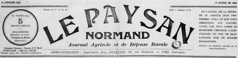 Photo (Calvados. Archives départementales) de : Le Paysan normand. Fontaine-la-Mallet, 1925-[1942 ?]. ISSN 2133-8507.