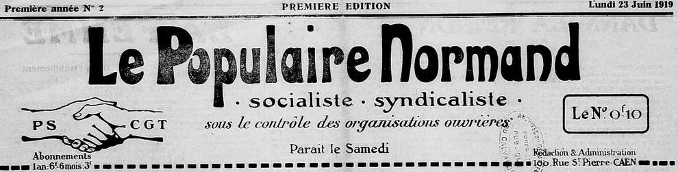 Photo (Calvados. Archives départementales) de : Le Populaire normand. Caen, 1919-1923. ISSN 2135-1430.