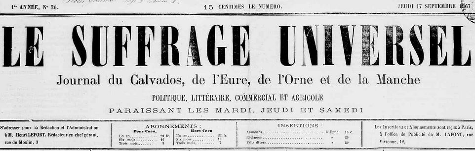 Photo (Calvados. Archives départementales) de : Le Suffrage universel. Caen, 1868-1870. ISSN 2138-3871.