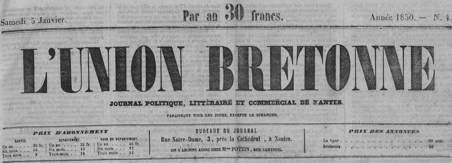 Photo (Loire-Atlantique. Archives départementales) de : L'Union bretonne. Nantes, 1849-1917. ISSN 2139-2757.
