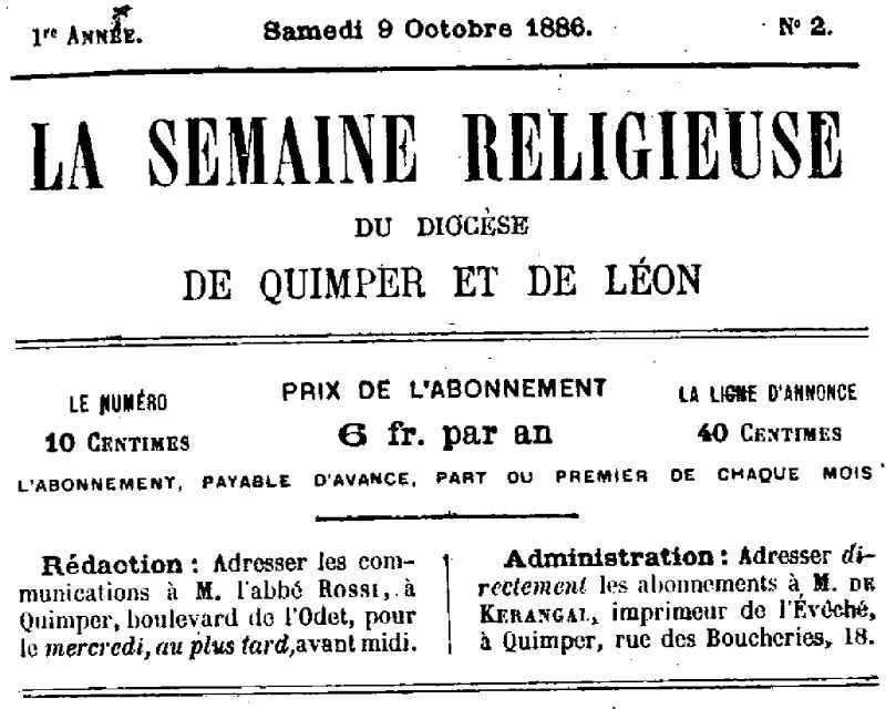 Photo (Église catholique. Diocèse (Quimper)) de : La Semaine religieuse de Quimper et de Léon. Quimper : Évêché, 1886-1973. ISSN 0224-5760.