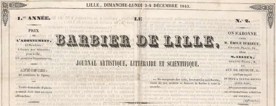 Photo (Médiathèque municipale Jean-Lévy (Lille)) de : Le Barbier de Lille. Lille, 1843-1846. ISSN 1162-5368.
