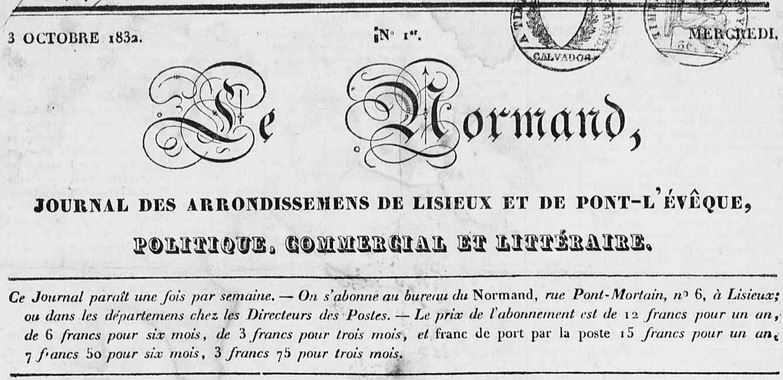 Photo (Calvados. Archives départementales) de : Le Normand. Lisieux, 1832-1870. ISSN 1248-4008.