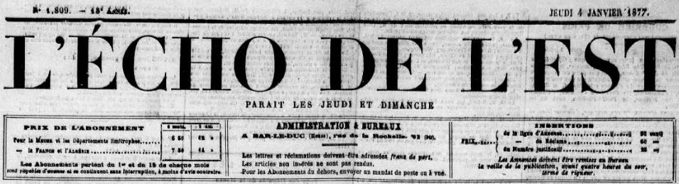 Photo (Meuse. Archives départementales) de : L'Écho de l'Est. Bar-le-Duc, 1859-[1914 ?]. ISSN 2126-2225.
