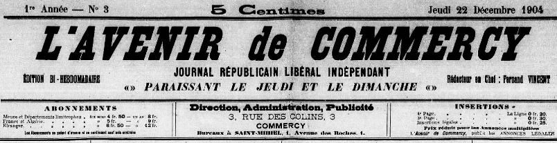 Photo (Meuse. Archives départementales) de : L'Avenir de Commercy. Commercy, 1904-1908. ISSN 2121-4042.