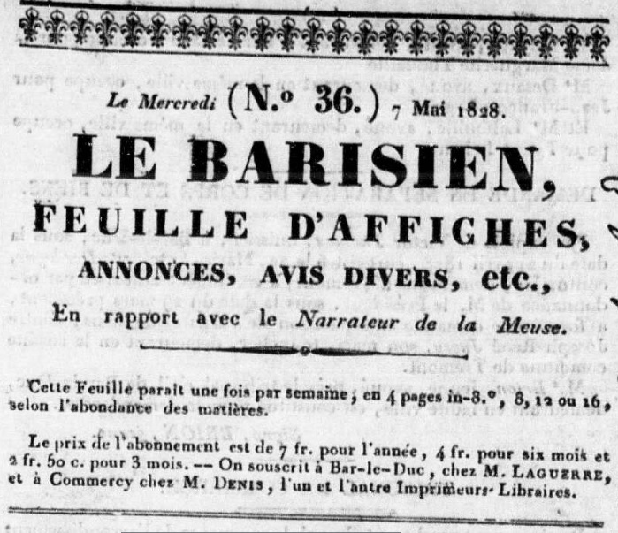 Photo (Meuse. Archives départementales) de : Le Barisien. Bar-le-Duc, [1827 ?-1828 ?]. ISSN 2121-8013.