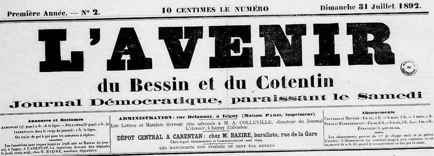 Photo (Calvados. Archives départementales) de : L'Avenir du Bessin et du Cotentin. Isigny, 1892-1913. ISSN 2121-5790.