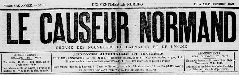 Photo (Calvados. Archives départementales) de : Le Causeur normand. Caen, 1878-1881. ISSN 2123-5589.