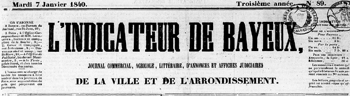 Photo (Centre régional des lettres (Basse-Normandie)) de : L'Indicateur de Bayeux. Bayeux, 1838-1919. ISSN 2129-7045.
