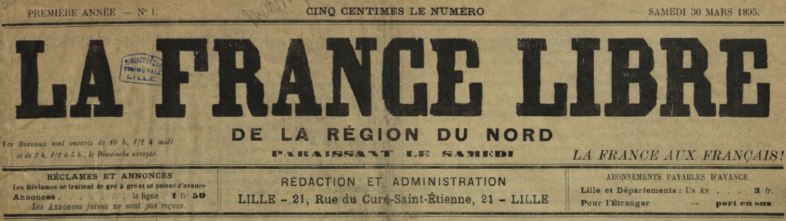 Photo (Médiathèque municipale Jean-Lévy (Lille)) de : La France libre de la région du Nord. Lille, 1895. ISSN 1965-362X.