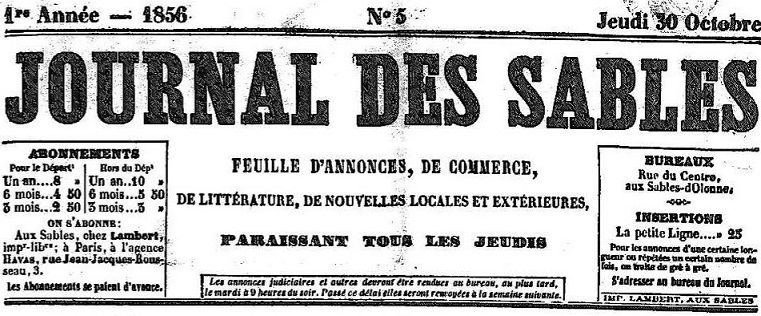 Photo (Vendée. Archives départementales) de : Journal des Sables. Les Sables d'Olonne : impr. Lambert, 1856-1865. ISSN 2256-9529.