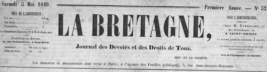 Photo (Côtes-d'Armor. Archives départementales) de : La Bretagne. Saint-Brieuc : Guyon frères, 1848-1860. ISSN 1963-3939.