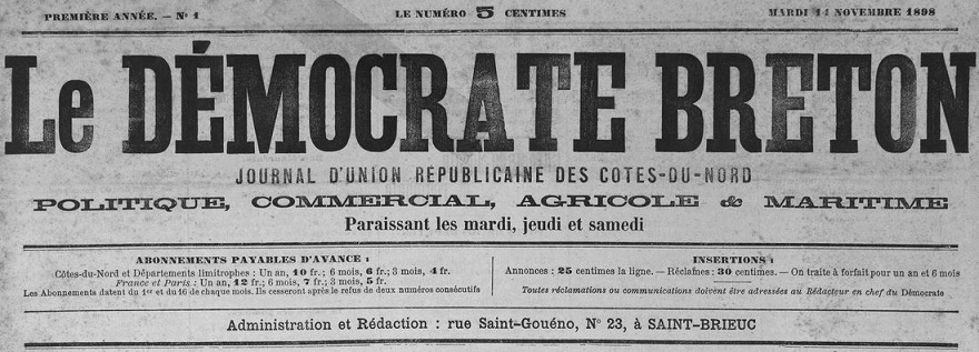 Photo (Côtes-d'Armor. Archives départementales) de : Le Démocrate breton. Saint-Brieuc, 1898. ISSN 1963-7152.