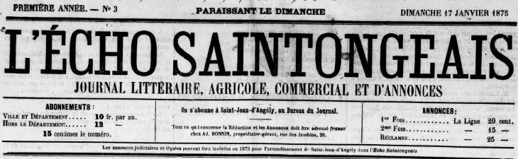 Photo (BnF / Gallica) de : L'Écho saintongeais. Saint-Jean-d'Angely, 1875-1941. ISSN 2126-7790.