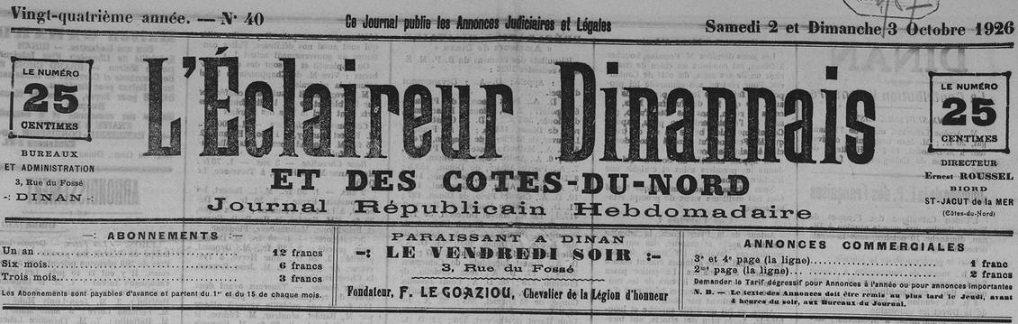 Photo (Côtes-d'Armor. Archives départementales) de : L'Éclaireur dinannais et des Côtes-du-Nord. Dinan, 1926-1929. ISSN 1963-7225.