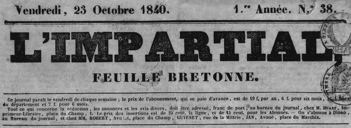 Photo (Côtes-d'Armor. Archives départementales) de : L'Impartial. Dinan : Jean-Baptiste Huart, 1840-1858. ISSN 2025-7031.