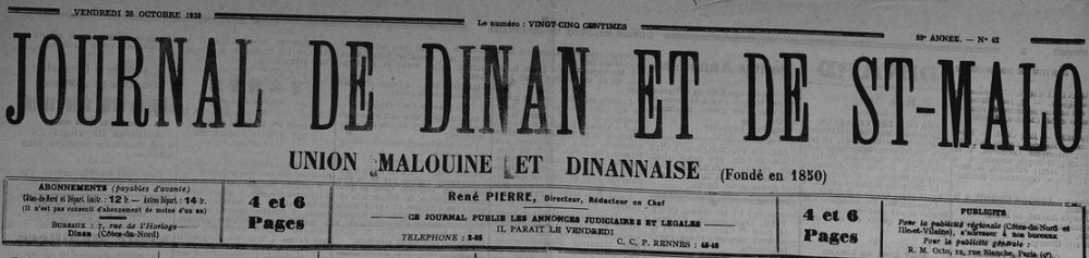 Photo (Côtes-d'Armor. Archives départementales) de : Journal de Dinan et de St-Malo. Dinan, 1939-1944. ISSN 1963-7551.